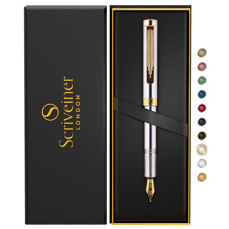Scriveiner Luxury EDC Fountain Pen (Medium), Stunning Silver Chrome Luxury Pen, Real Gold Plating, Schmidt German Nib, Converter, Writing Gift Set for Men & Women, Nice Fancy Office Designer Pen - Image 2
