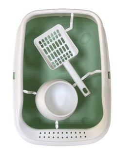 HAPPY PUSS Cat litter box 3 in 1: sand box, feeder bowl and cat litter scoop, plastic small cat litter box With High Sides, detachable, open litter tray with pet accessories: shovel and food bowl Green color  - Image 4
