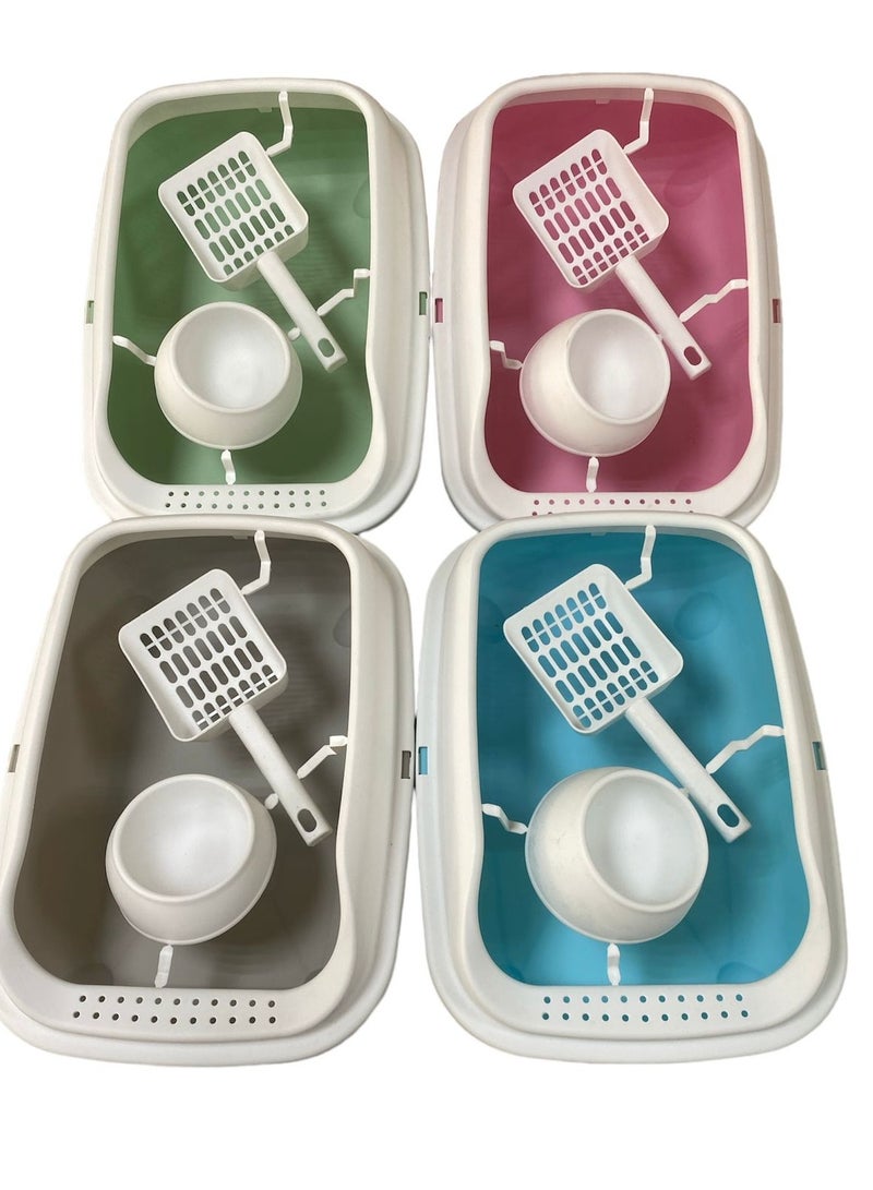 HAPPY PUSS Cat litter box 3 in 1: sand box, feeder bowl and cat litter scoop, plastic small cat litter box With High Sides, detachable, open litter tray with pet accessories: shovel and food bowl Green color - Image 5