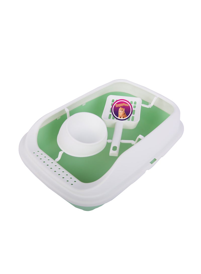 HAPPY PUSS Cat litter box 3 in 1: sand box, feeder bowl and cat litter scoop, plastic small cat litter box With High Sides, detachable, open litter tray with pet accessories: shovel and food bowl Green color - Image 1
