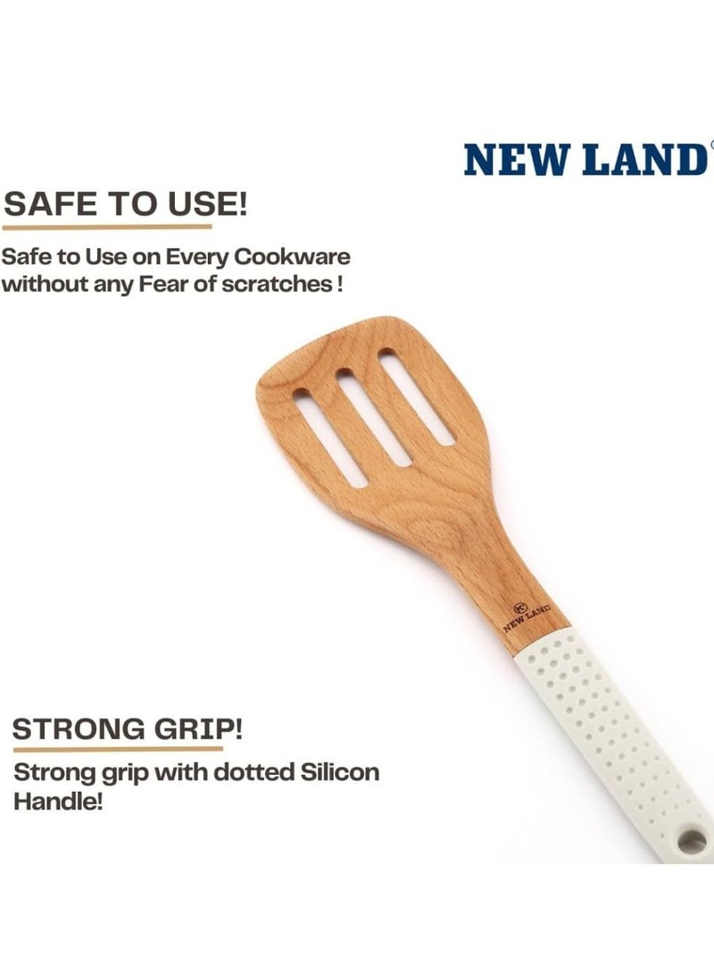 ملعقة خشبية بمقبض سيليكون منقط، صديقة للبيئة، متينة، طويلة، غير لاصقة، مقاومة للرطوبة والحرارة، ملعقة سهلة الإمساك للعمل في المطبخ، ومزج أدوات التقديم. (أبيض) - Image 2