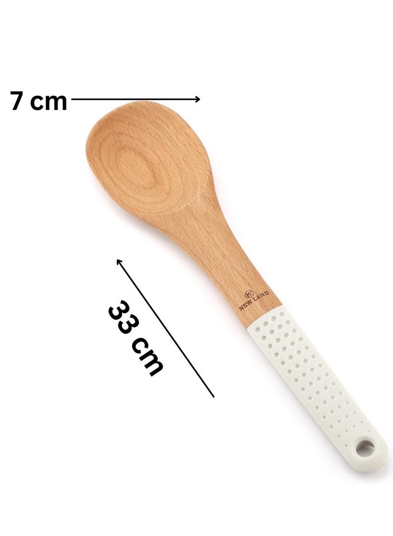 ملعقة خشبية بمقبض سيليكون منقط، صديقة للبيئة، متينة، طويلة، غير لاصقة، مقاومة للرطوبة والحرارة، ملعقة سهلة الإمساك للعمل في المطبخ، ومزج أدوات التقديم. (أبيض) - Image 3