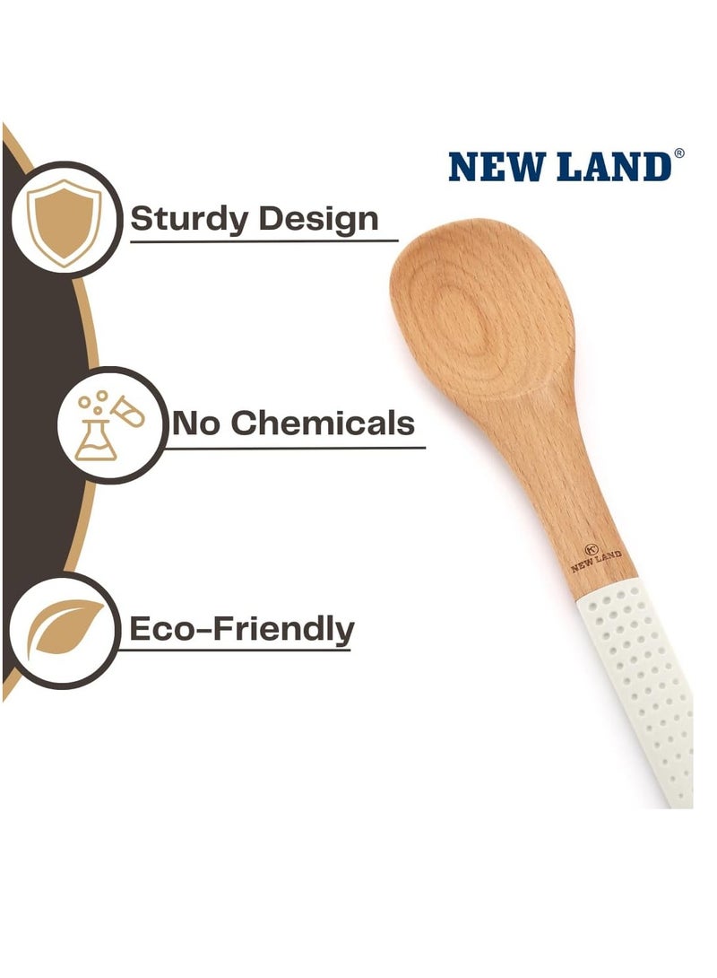 ملعقة خشبية بمقبض سيليكون منقط، صديقة للبيئة، متينة، طويلة، غير لاصقة، مقاومة للرطوبة والحرارة، ملعقة سهلة الإمساك للعمل في المطبخ، ومزج أدوات التقديم. (أبيض) - Image 4