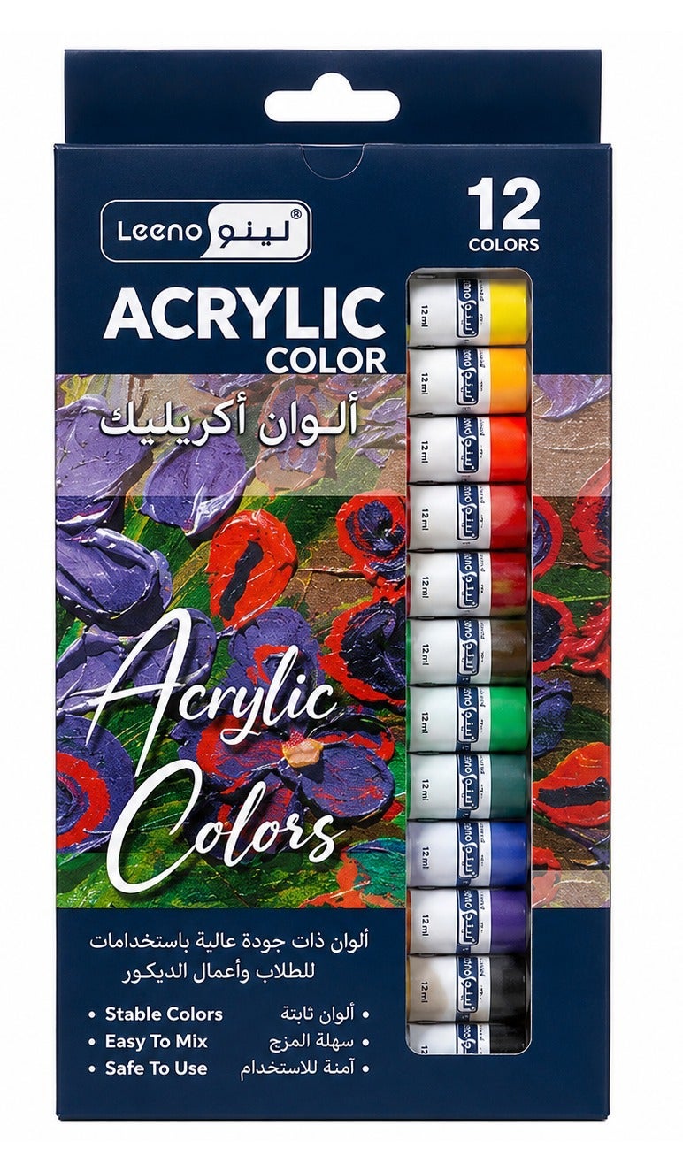 Leeno Acrylic Color Paint Set 12 Colors x 12ml Rich Pigment Art Paints for Canvas Paper Wood and Craft Projects - Image 1