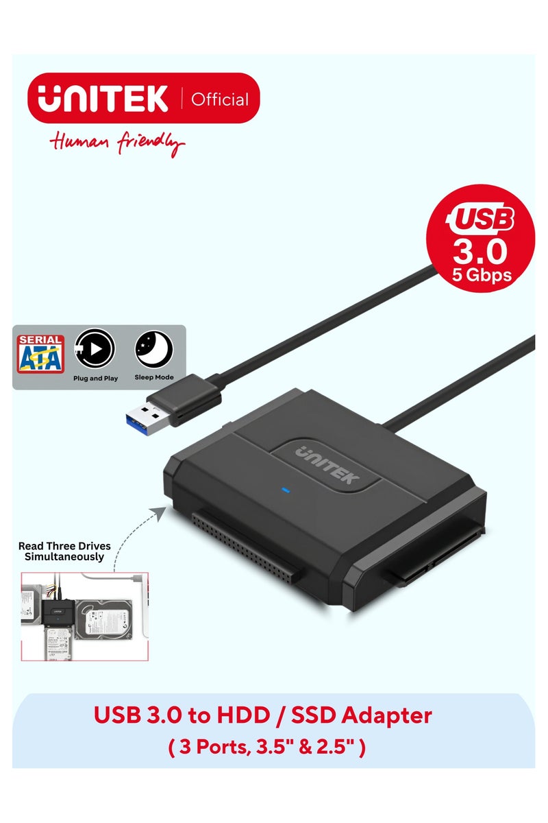 UNITEK SmartLink Trinity USB 3.0 Super Speed 5Gbps to SATA II & IDE Converter, 3-Ports HDD/ SSD Adapter for dual head 3.5" & 2.5" IDE and one for SATA II HDD/ SSD in 2.5" or 3.5", Allowed to operate three hard disk drives simultaneously,  Support IDE 2.5"/3.5" HDD, DVD-ROM, CD-ROM, CD-RW, DVD-RW, DVD + RW Optical Drive - Image 1