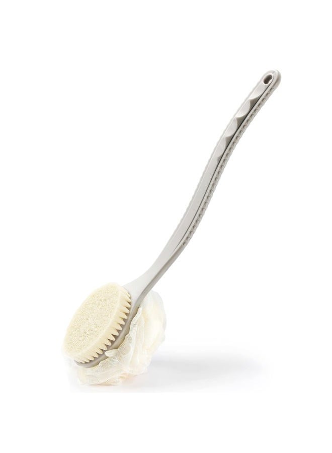 HONOMA Shower Body Brush with Bristles and Loofah,Back Scrubber Bath Mesh Sponge with Curved Long Handle for Skin Exfoliating Bath, Massage Bristles Suitable for Wet or Dry, Men and Women (Grey) - Image 1