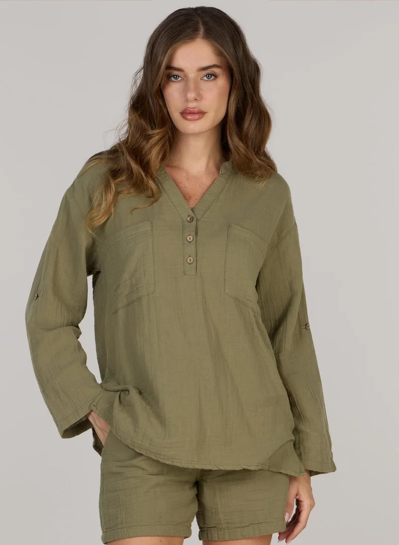 Just Nature Olive Relaxed V-Neck Long Sleeve Top for Women | Best Price UAE