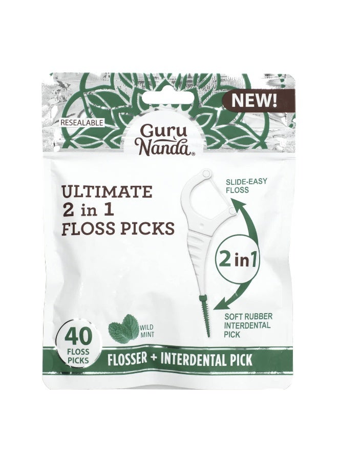 GuruNanda GuruNanda, Ultimate 2 in 1 Floss Picks, Wild Mint , 40 Floss picks  - Image 1