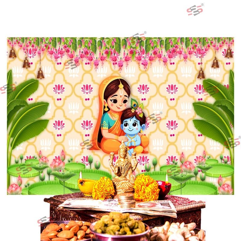 S2S قماش خلفية كريشنا لتزيين البوجا التقليدي، قماش تزيين خلفية | قماش ستارة لجميع المهرجانات والفعاليات والمناسبات - (5 × 8 قدم) (كريشنا) - Image 4