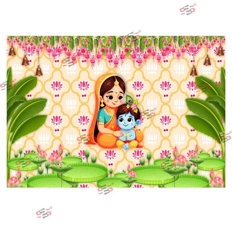 S2S قماش خلفية كريشنا لتزيين البوجا التقليدي، قماش تزيين خلفية | قماش ستارة لجميع المهرجانات والفعاليات والمناسبات - (5 × 8 قدم) (كريشنا) - Image 3