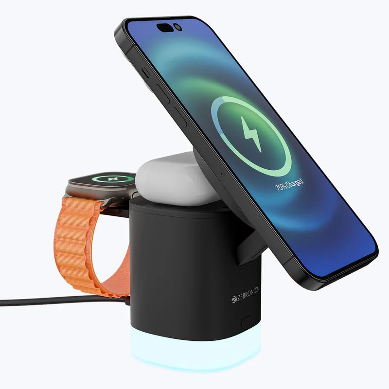 Zebronics 3-in-1 Wireless Foldable Charging Pad with 23W Output, MagSafe Compatible, Fast Charging, Built-in Protection, FOD, 1m Type-C Cable, for iPhone 16/15/14/13/12 Series(MagBoost 50,Matt Black) - Image 1