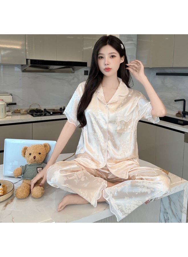 Ice Silk Pajamas For Women Summer New Minimalist Style Floral Sweet Lace Short-sleeved Trousers Home Clothes
