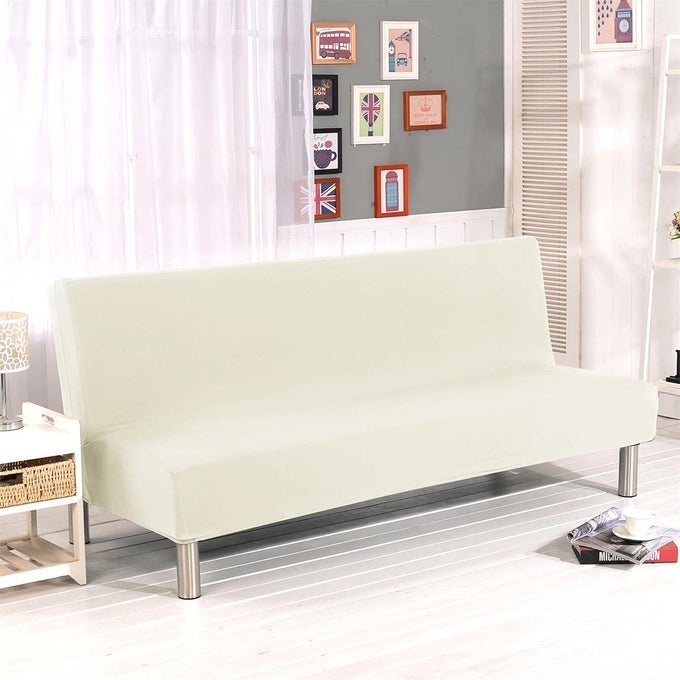 STRETCH FUTON COVER ARMLESS SOFA SLIPCOVER FOLDABLE SOFA BED COVERS WITH ELASTIC BAND MACHINE WASHABLE BEIGE