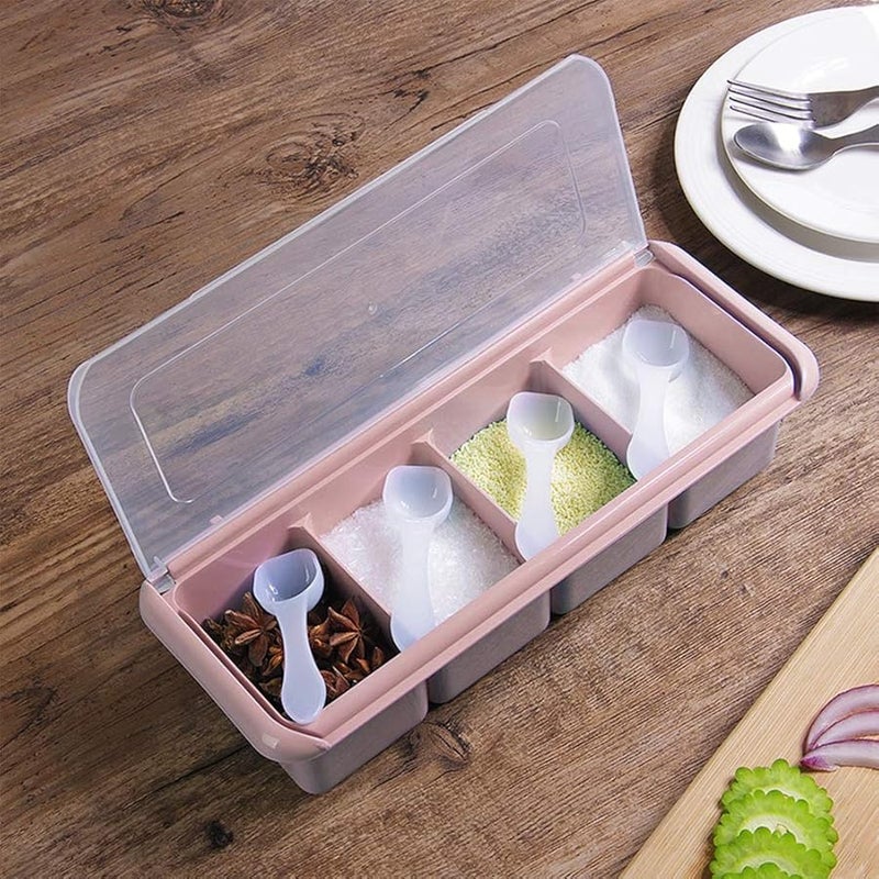 Blue 4 Grid Seasoning Box With Spoons Multi Compartment Spice Rack For Home Kitchen - Image 4