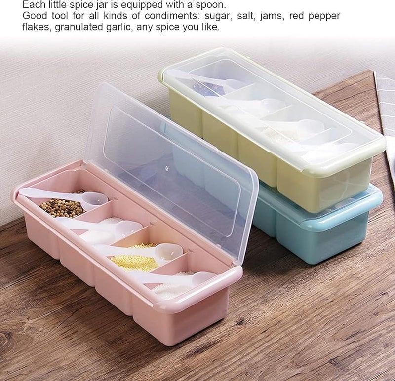 Blue 4 Grid Seasoning Box With Spoons Multi Compartment Spice Rack For Home Kitchen - Image 3