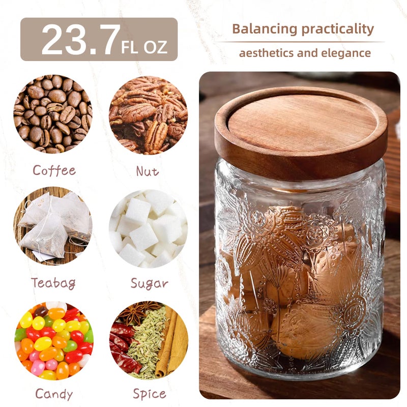 Custde 23.7 fl oz Vintage Glass Jar with Wooden Lid, Airtight Decorative Food Storage Canisters for Kitchen Counter & Pantry, Ideal for Candy, Sugar, Coffee,salt, Tea, Cereal, Flour, Oats - Image 4