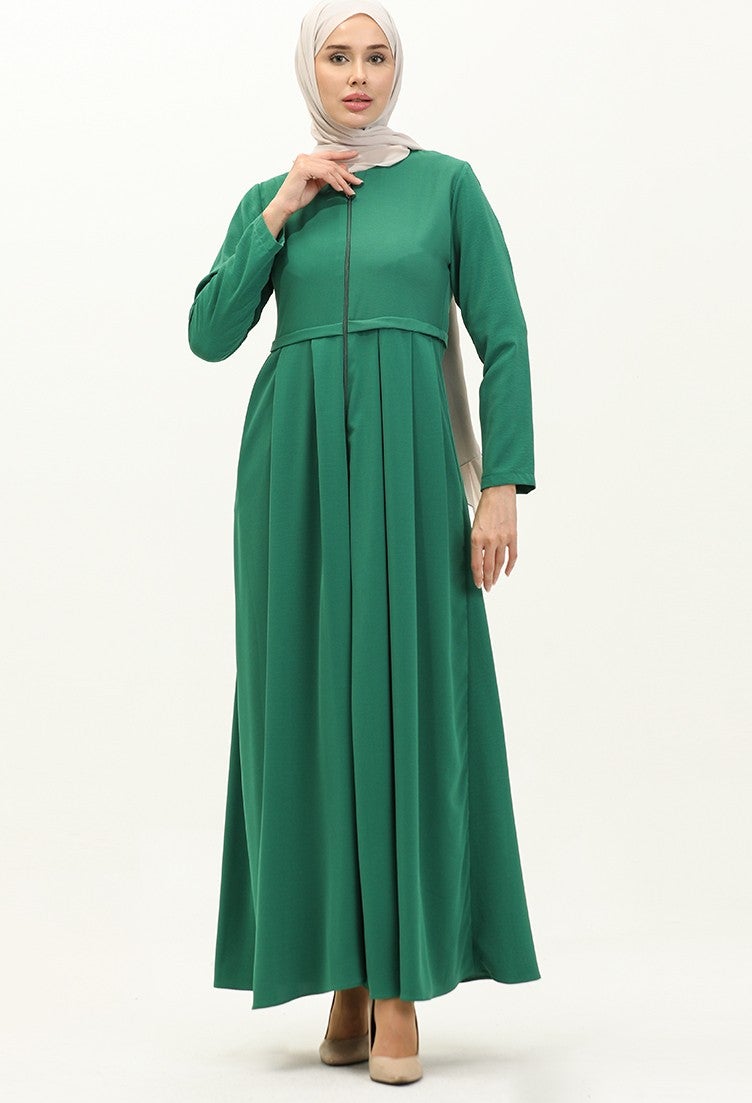 Sefa Merve Pleated Abaya 4526-06 Emerald Green  - Image 1