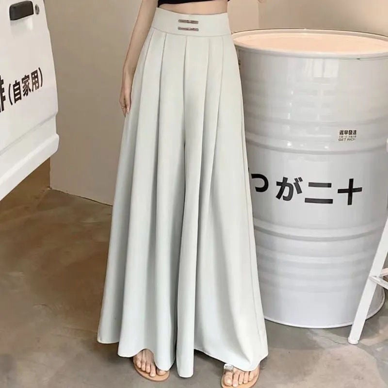 Foreign trade 2024 buckle high waist long draping wide leg culottes womens summer and autumn new Chinese style loose casual pants Apricot - Image 4
