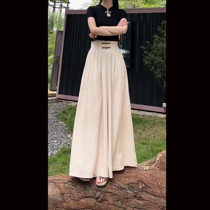Foreign trade 2024 buckle high waist long draping wide leg culottes womens summer and autumn new Chinese style loose casual pants Apricot - Image 1