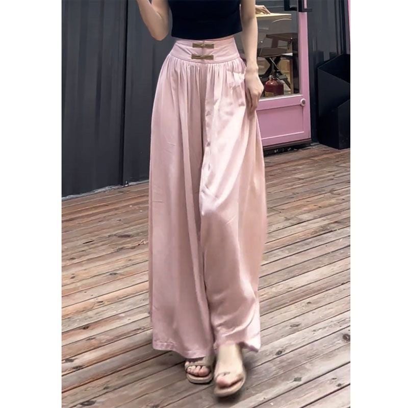Foreign trade 2024 buckle high waist long draping wide leg culottes womens summer and autumn new Chinese style loose casual pants Apricot - Image 5