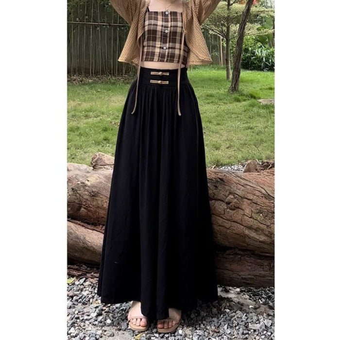 Foreign trade 2024 buckle high waist long draping wide leg culottes womens summer and autumn new Chinese style loose casual pants Apricot - Image 2