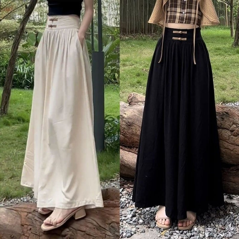 Foreign trade 2024 buckle high waist long draping wide leg culottes womens summer and autumn new Chinese style loose casual pants Apricot - Image 3