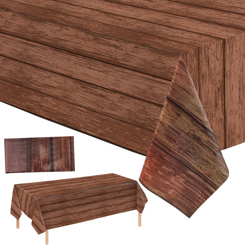 Irenare 3 Pieces Wood Grain Tablecloth Western Tablecloths Rustic Plastic Table Covers Rectangular Table Decoration for Barbecue Fall Autumn Western Barn Themed Birthday Party 54 x 108 Inch Brown