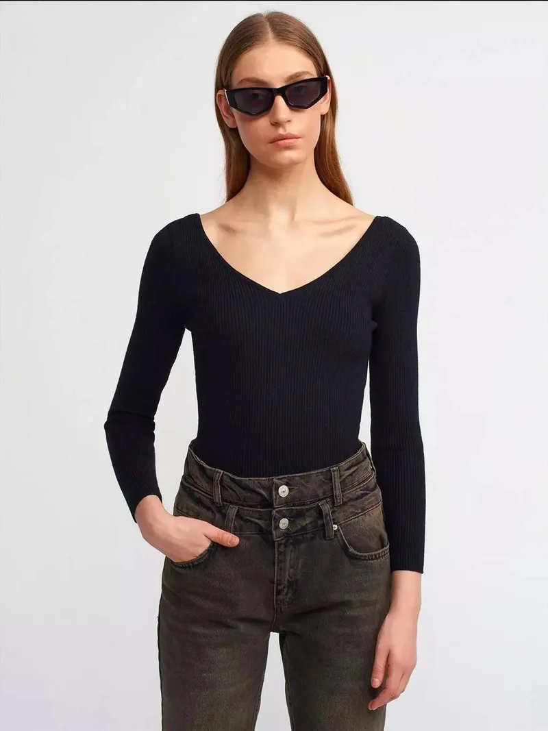 HICCUP V Neck Ribbed Basic Sweater