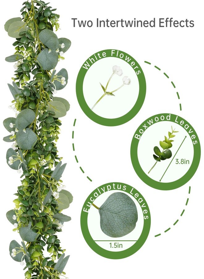 Vlorart 6ft Eucalyptus Garland with Boxwood and White Florals, Mixed Greenery Eucalyptus Garland for Wedding Arch, Backdrop, Table, Mantel and Home Decor - Image 2