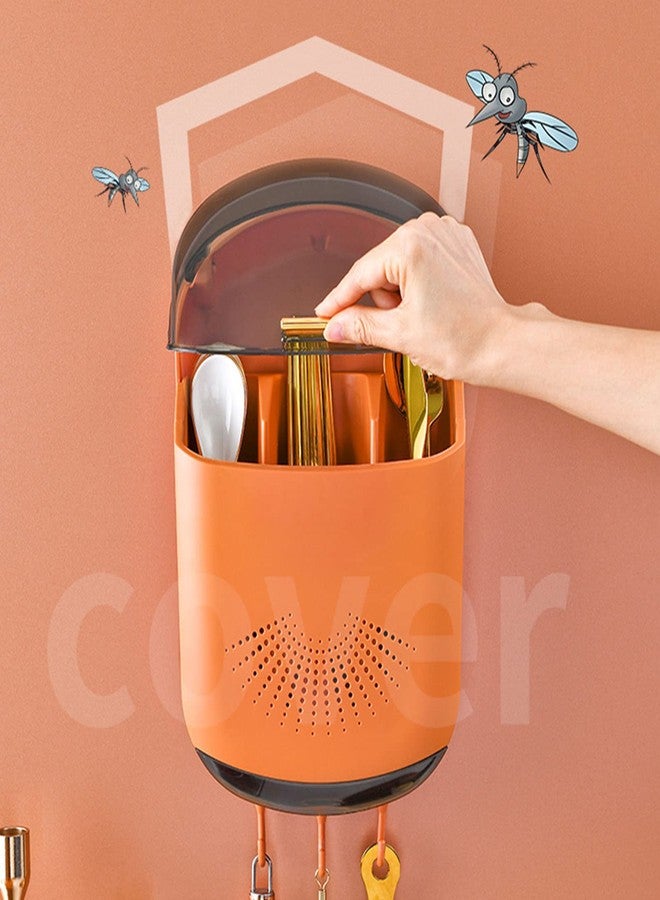 Gsycle Hanging Plastic Chopstick Holder, 3 Compartments Wall Mounted Utensil Rack Draining Utensil Storage Cutlery Holder with Cover and Hook for Kitchen Countertop(Orange) - Image 5