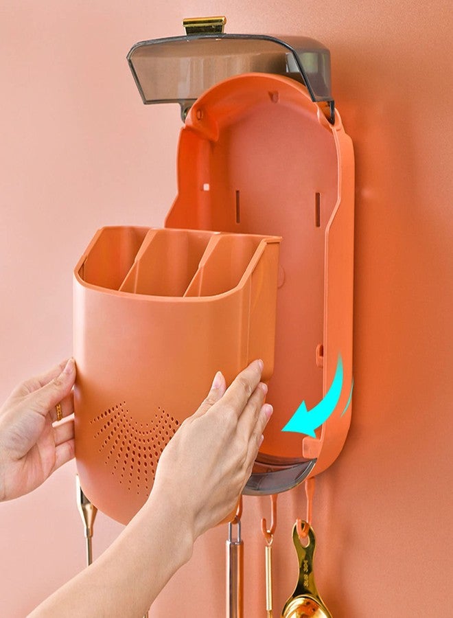 Gsycle Hanging Plastic Chopstick Holder, 3 Compartments Wall Mounted Utensil Rack Draining Utensil Storage Cutlery Holder with Cover and Hook for Kitchen Countertop(Orange) - Image 2