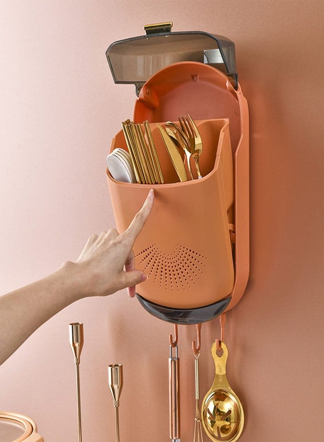 Gsycle Hanging Plastic Chopstick Holder, 3 Compartments Wall Mounted Utensil Rack Draining Utensil Storage Cutlery Holder with Cover and Hook for Kitchen Countertop(Orange) - Image 3
