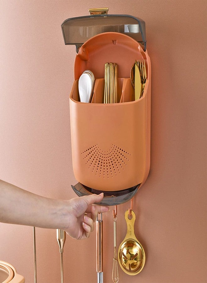 Gsycle Hanging Plastic Chopstick Holder, 3 Compartments Wall Mounted Utensil Rack Draining Utensil Storage Cutlery Holder with Cover and Hook for Kitchen Countertop(Orange) - Image 4