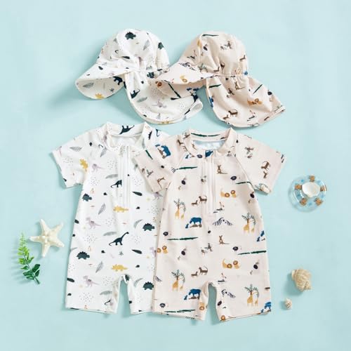 Lucikamy Infant Baby Boy Girls One Piece Swimsuit Short Sleeve Zipper Rash Guard Swimwear Toddler Bathing Suits Beachwear (Khaki, 0-3 Months) - Image 2