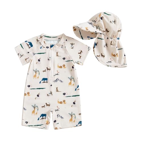 Lucikamy Infant Baby Boy Girls One Piece Swimsuit Short Sleeve Zipper Rash Guard Swimwear Toddler Bathing Suits Beachwear (Khaki, 0-3 Months) - Image 1