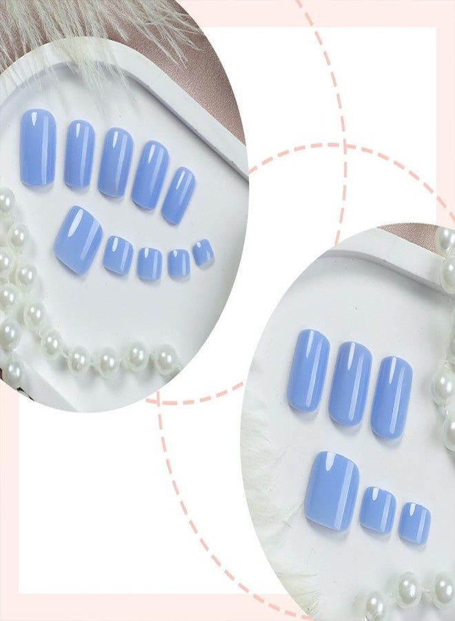 HJKDSFD Blue Press on Nails & Toenails Set Square Shape Acrylic Fake Toe Nails Full Cover Solid Color False Nails with Designs Sky Blue Short Glue on Toenails Summer Manicure Art for Women 48 Pcs - Image 2