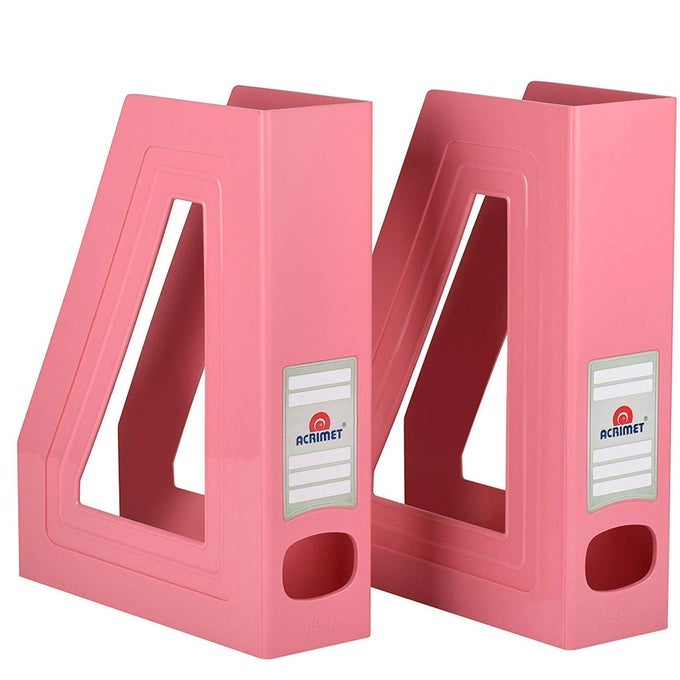 MAGAZINE FILE HOLDER DURABLE RACK SPACESAVING ORGANIZER PLASTIC SOLID PINK COLOR 2 PACK