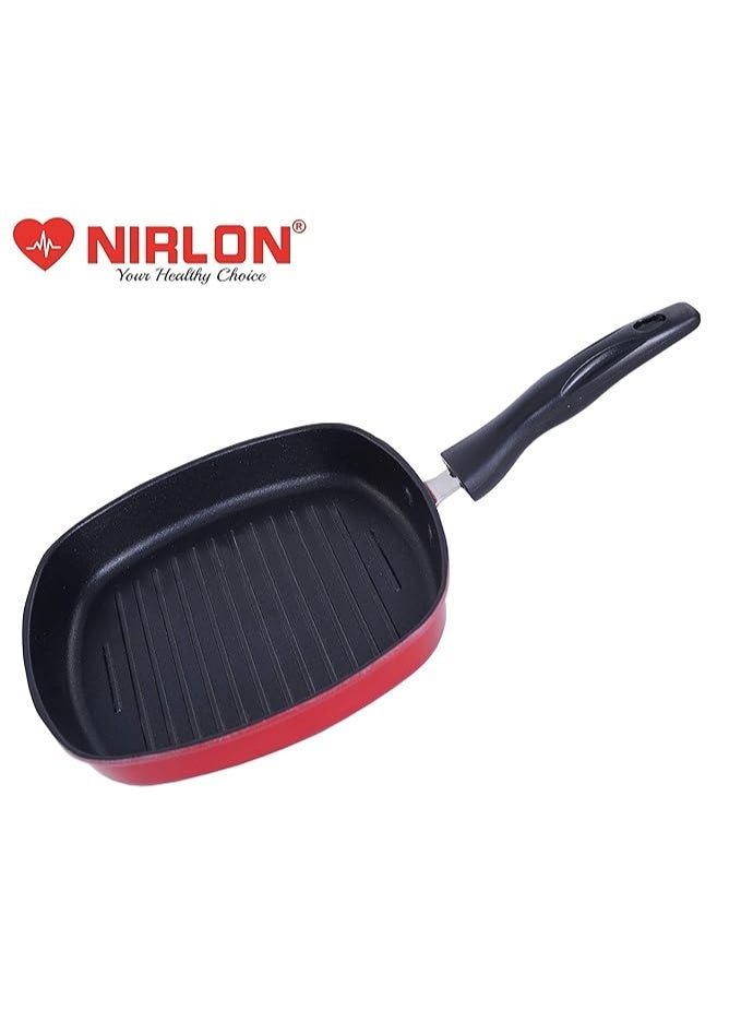 NIRLON Aluminium Non Stick Gas Compatible Kitchen Cooking Utensil Item 2 Pcs Combo Set of Fry Pan with lid-3.2 LTR & Grill Pan-24.5cm (Color-Red) - Image 2