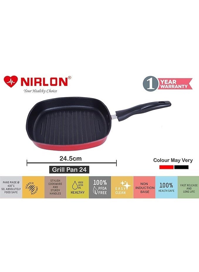 NIRLON Aluminium Non Stick Gas Compatible Kitchen Cooking Utensil Item 2 Pcs Combo Set of Fry Pan with lid-3.2 LTR & Grill Pan-24.5cm (Color-Red) - Image 3