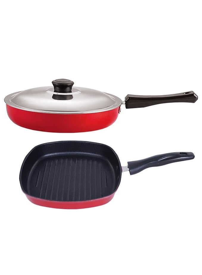 NIRLON Aluminium Non Stick Gas Compatible Kitchen Cooking Utensil Item 2 Pcs Combo Set of Fry Pan with lid-3.2 LTR & Grill Pan-24.5cm (Color-Red) - Image 1