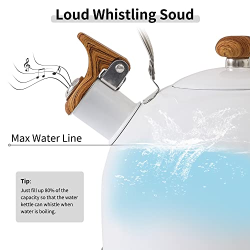 LONFFERY Tea Kettle, 2.5 Quart Whistling Tea Kettle, Tea Pots for Stove Top Food Grade Stainless Steel with Wood Pattern Folding Handle - White - Image 2