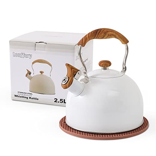 LONFFERY Tea Kettle, 2.5 Quart Whistling Tea Kettle, Tea Pots for Stove Top Food Grade Stainless Steel with Wood Pattern Folding Handle - White - Image 1