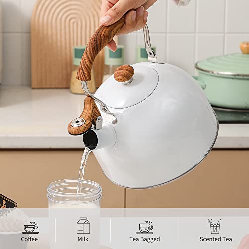 LONFFERY Tea Kettle, 2.5 Quart Whistling Tea Kettle, Tea Pots for Stove Top Food Grade Stainless Steel with Wood Pattern Folding Handle - White - Image 4