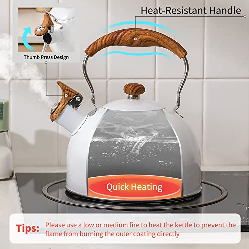 LONFFERY Tea Kettle, 2.5 Quart Whistling Tea Kettle, Tea Pots for Stove Top Food Grade Stainless Steel with Wood Pattern Folding Handle - White - Image 3