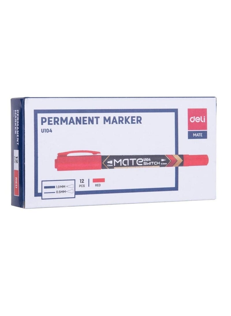 Deli 12-Piece Twin Tip Permanent Marker Red Ink  - Image 1