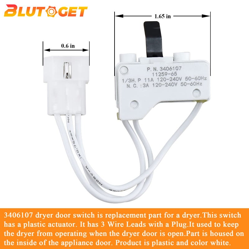 Blutoget 3406107 WP3406107 Dryer Door Switch by Blutoget 3Pack - Fit for Whirlpool Maytag Kenmore Dryers AED4475TQ1 MEDC400VW0 AGD4475TQ1 NED4700YQ1 NED4600YQ1 WED4800XQ0 - Replaces AP6008561 3405100 3405101 - Image 5