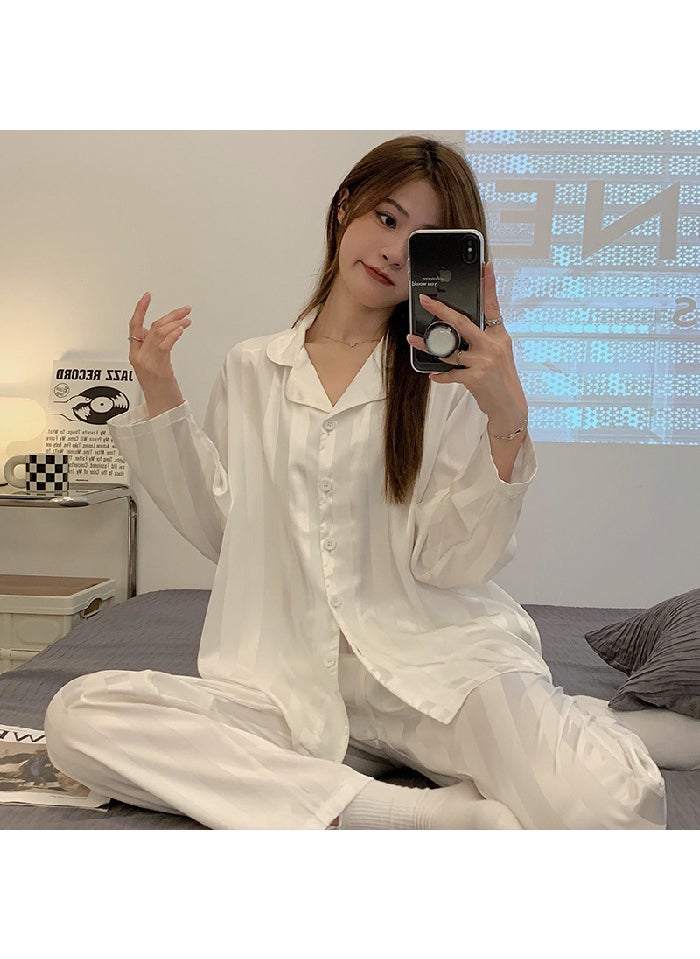 2024 Autumn Silk-Like Pajama Set for Women702# White vertical bar 702# White vertical bar