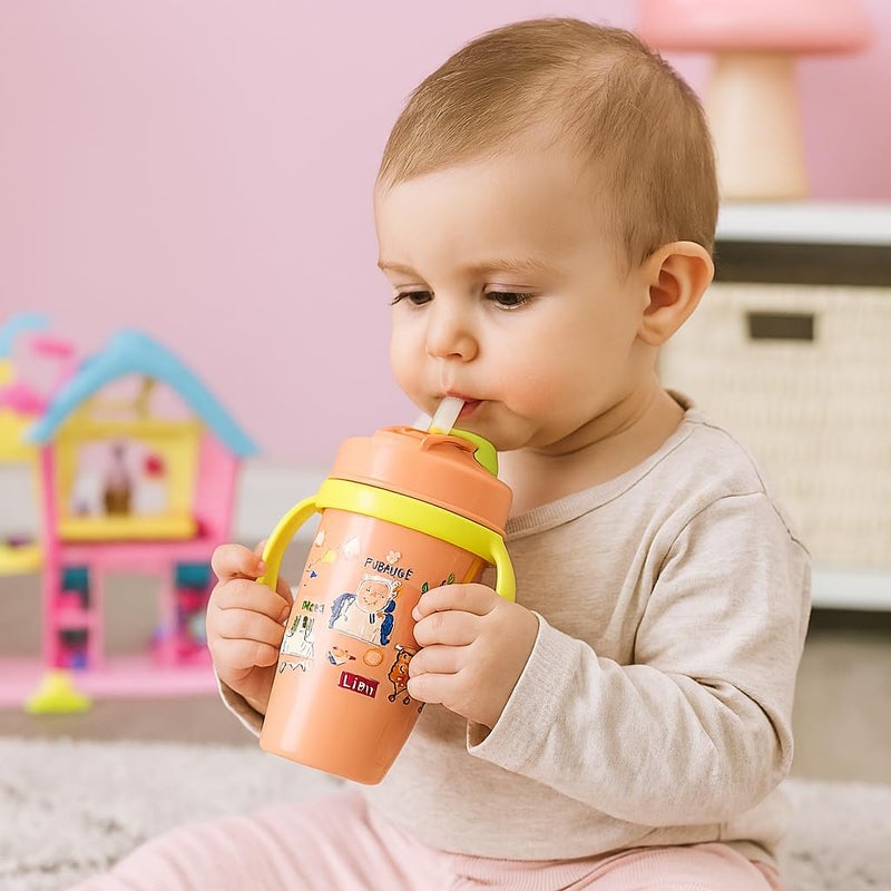 Nabhya Snoozy Stainless Steel Sipper Water Bottle, BPA-Free Multi Cartoon Design Baby Sipper Kids Water Bottle with Straw and Both Side Handle Sipper Bottle for Kids (Orange) - Image 3