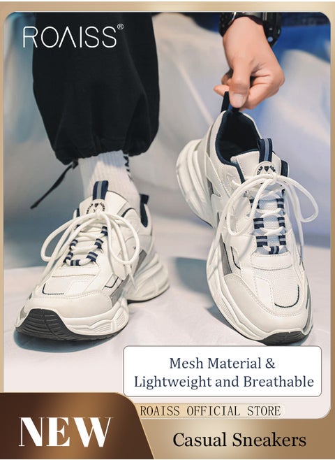 Breathable Mesh Chunky Sneakers for Men Casual Versatile Outdoor Running Shoes Mens Stylish Lace up Low Top Sport Shoe White