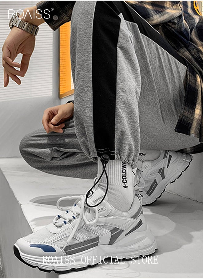 Breathable Mesh Chunky Sneakers for Men Casual Versatile Outdoor Running Shoes Mens Stylish Lace up Low Top Sport Shoe White